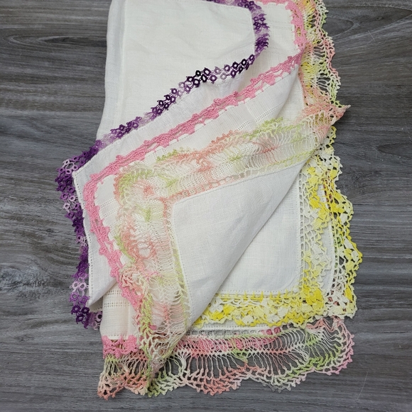 Vintage Accessories - Vintage Cotton Handkerchieves Set Of 4 Crochet Lace Trim MCM